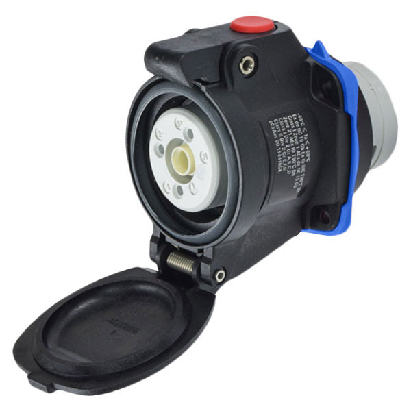 22-34163-180-843 - DXN30 RECEPTACLE POLY BLACK SIZE 2 IP 66/67 3P+G 30A 208 VAC 60 Hz NO AUX 180 DEGREE OPENING LID PADLOCK PAWL